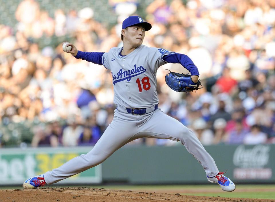　ロッキーズ戦に先発したドジャース・山本＝デンバー（共同）