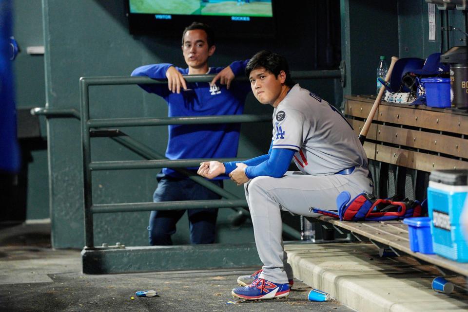 　ロッキーズ戦に先発し、４回５失点で降板したドジャース・大谷（共同）