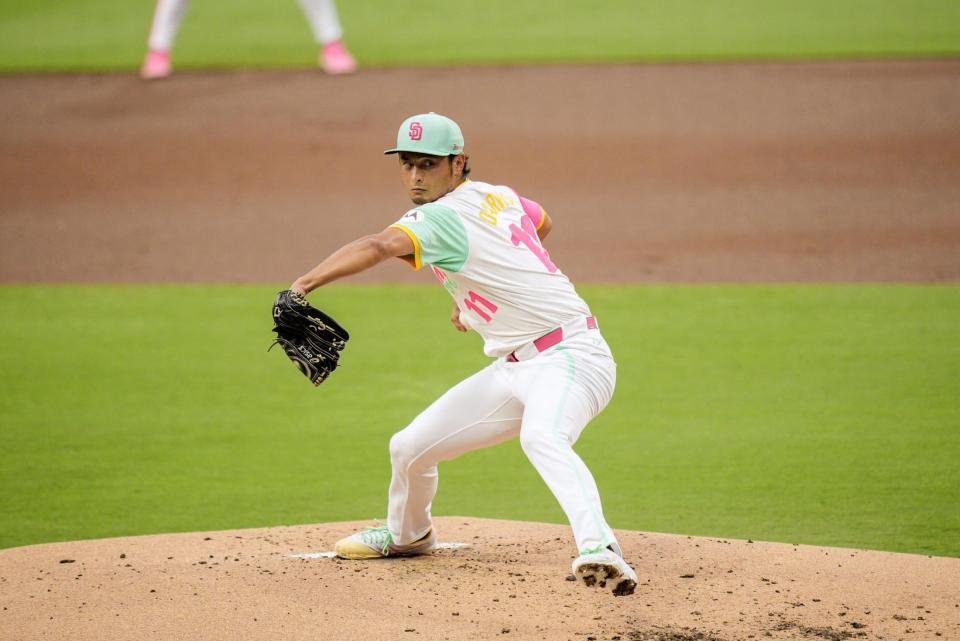 　ドジャース戦に先発し、６回１失点の好投で３勝目を挙げたパドレスのダルビッシュ＝サンディエゴ（共同）
