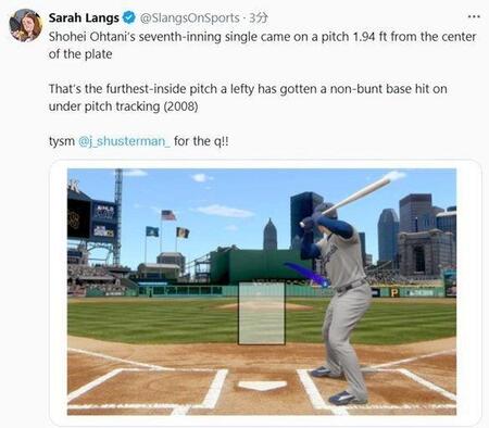 　大谷が第４打席で放った三塁内野安打のチャート。サラ・ラングス氏の公式Ｘ（＠ＳｌａｎｇｓＯｎＳｐｏｒｔｓ）より