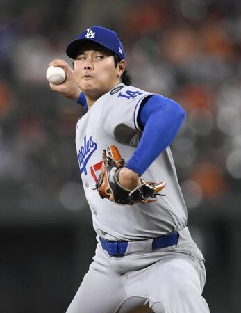 　オリオールズ戦に先発登板したドジャース・大谷。３回２／３を無失点で勝敗は付かなかった（共同）