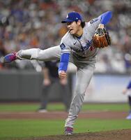 　オリオールズ戦に先発登板したドジャース・大谷。３回２／３を無失点で勝敗は付かなかった（共同）