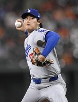 　オリオールズ戦に先発登板したドジャース・大谷。３回２／３を無失点で勝敗は付かなかった（共同）