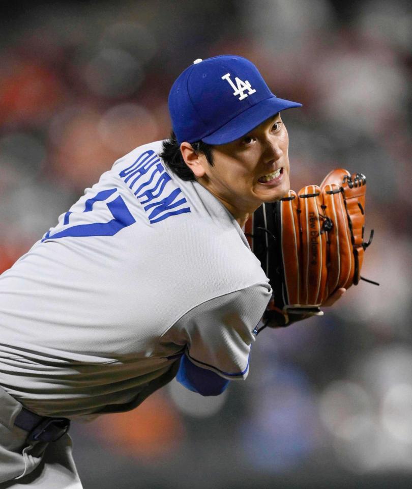 　オリオールズ戦に先発登板したドジャース・大谷。３回２／３を無失点で勝敗は付かなかった（共同）