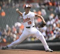 　ドジャース戦に先発したオリオールズ・菅野。３回０／３を投げ、７安打４失点で８敗目を喫した（共同）