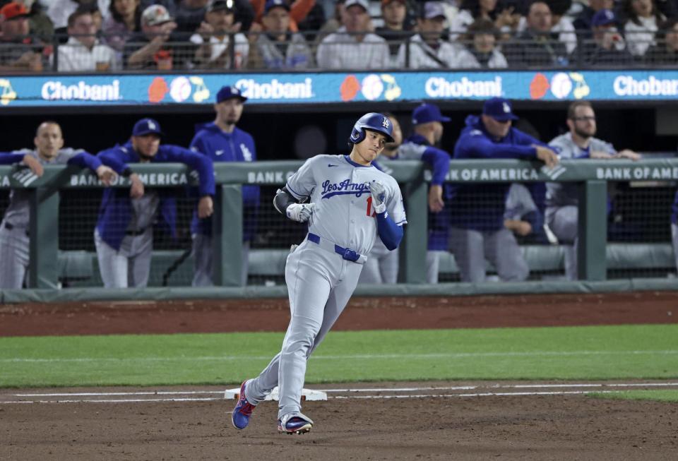 　ジャイアンツ戦の５回、中飛に倒れたドジャース・大谷（共同）