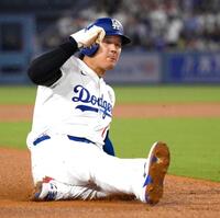 　５回、ベッツの犠飛で三進するドジャース・大谷（共同）