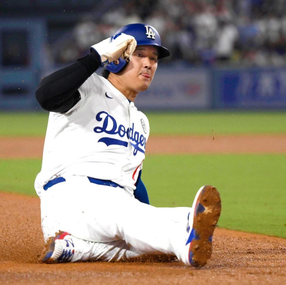 　５回、ベッツの犠飛で三進するドジャース・大谷（共同）