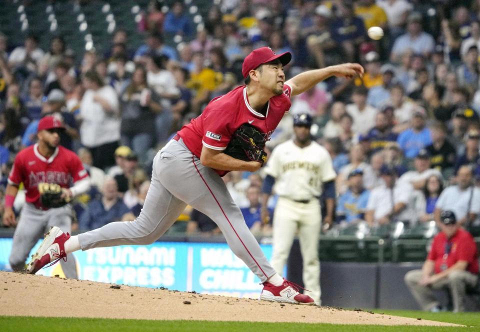 　ブルワーズ戦に先発したエンゼルス・菊池＝ミルウォーキー（イマジンイメージズ・ロイター＝共同）