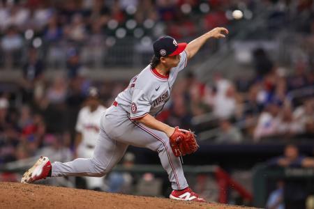 　ブレーブス戦の六回途中に登板したナショナルズの小笠原慎之介＝２２日、アトランタ（イマジンイメージズ・ロイター＝共同）