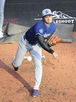 　試合前、ブルペンで投球練習する大谷（共同）