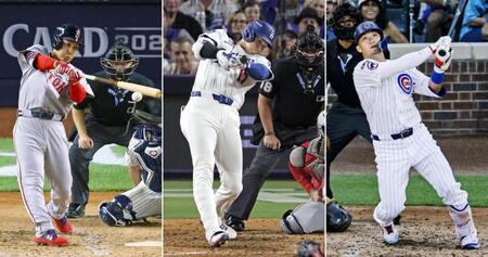 　ワイルドカードシリーズ第１戦で活躍した日本選手３人。左から、代打で逆転の２点打を放ったレッドソックス・吉田正尚、１試合２本塁打を放ったドジャース・大谷翔平、ソロ本塁打を放ったカブス・鈴木誠也（左はゲッティ、他は共同）