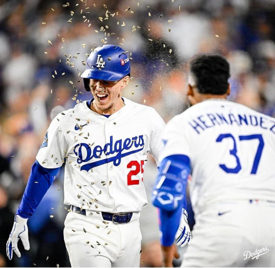 　三回、２者連続アーチを放ったエドマンはＴ・ヘルナンデスにひまわりの種をかけられる（ロサンゼルス・ドジャース提供）