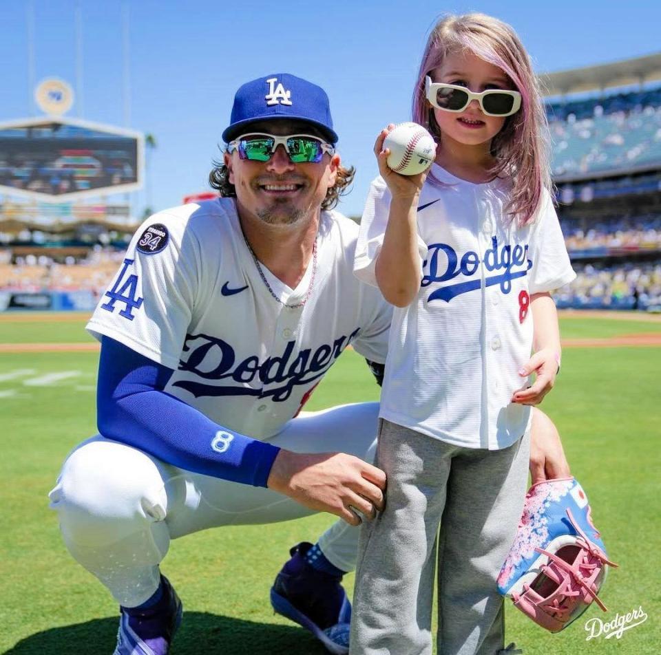 　始球式を務めたキケ・ヘルナンデスの長女・ペネロペちゃん（ロサンゼルス・ドジャース提供）