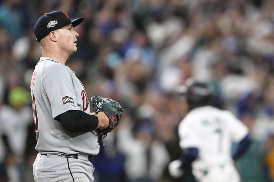 　マリナーズ戦の６回、ポランコにソロ本塁打を浴びたタイガースのスクバル（ＡＰ＝共同）