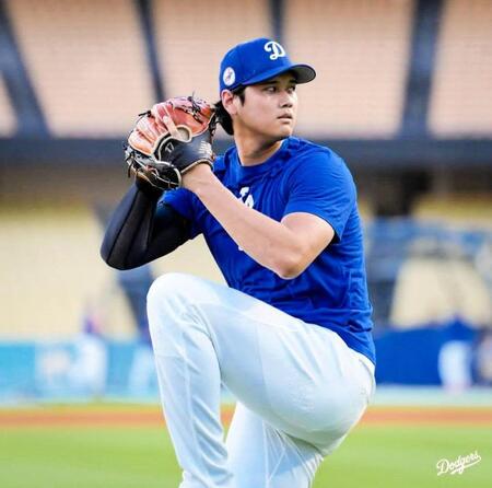 　キャッチボールで調整した大谷（ロサンゼルス・ドジャース提供）