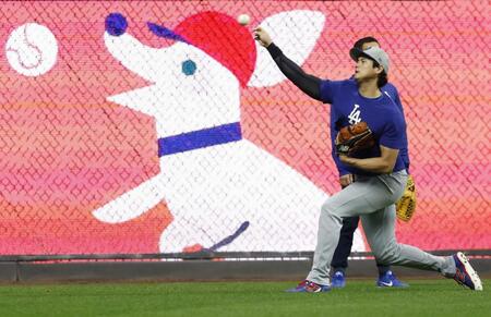 　キャッチボールするドジャース・大谷（共同）
