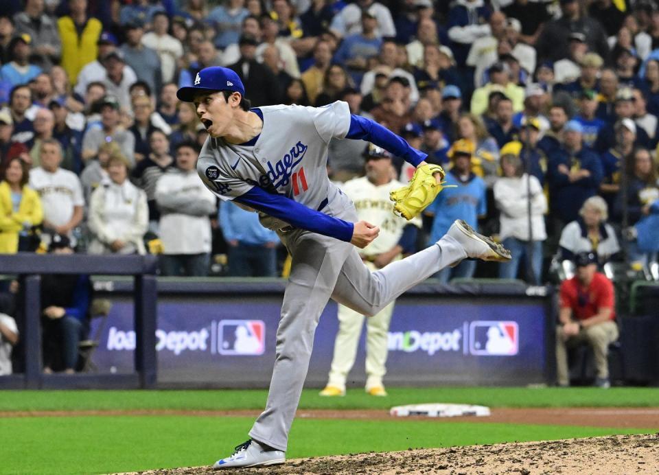 　九回に登板するドジャース・佐々木朗希（写真提供：ロイター／アフロ）