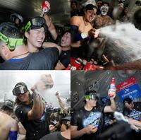 　シャンパンファイトを楽しむ山本由伸（左上）伸ら（ＭＬＢ公式Ｘより）