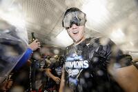 　リーグ優勝を果たし、シャンパンファイトを楽しむドジャース・大谷（共同）