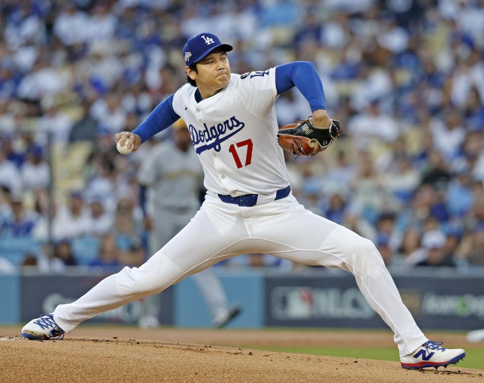 　米大リーグ、ナショナル・リーグ優勝決定シリーズのブルワーズ戦に先発したドジャース・大谷翔平（共同）