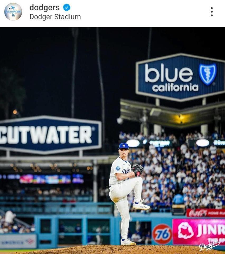 　２７日のＷＳ第３戦に登板したドライヤー。ドジャースのインスタグラム＠ｄｏｄｇｅｒｓより 