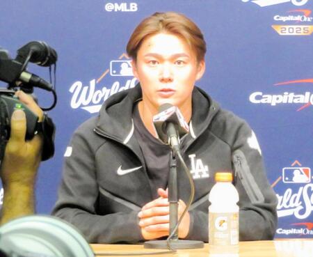 　第６戦に向けて意気込みを語る山本由伸（撮影・小林信行）