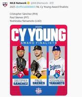 　サイ・ヤング賞ファイナリスト３人。ＭＬＢネットワークの公式Ｘ（＠ＭＬＢＮｅｔｗｏｒｋ）より 