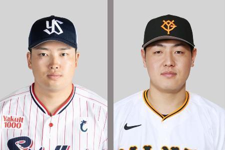 　（左から）ヤクルトの村上宗隆内野手、巨人の岡本和真内野手