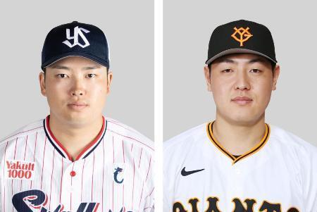 　（左から）ヤクルトの村上宗隆内野手、巨人の岡本和真内野手