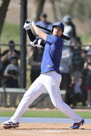 　実戦形式の打撃練習を行うドジャース・大谷＝グレンデール（共同）