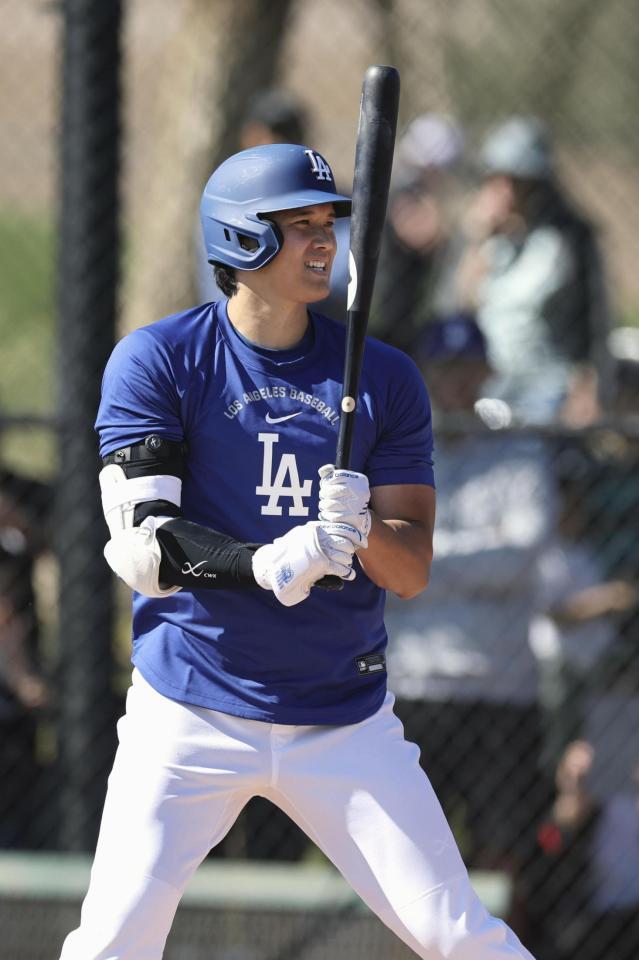 　実戦形式の打撃練習を行うドジャース・大谷＝グレンデール（共同）