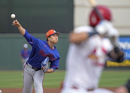 　カージナルス戦に先発したメッツ・千賀。２回２／３を投げ３安打２失点だった＝ジュピター（共同）