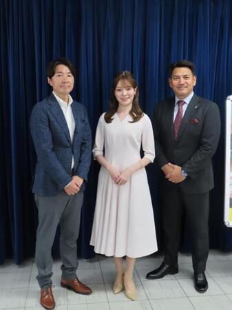 取材会に出席した（左から）筒井亮太郎、三宅絹紗、井口資仁