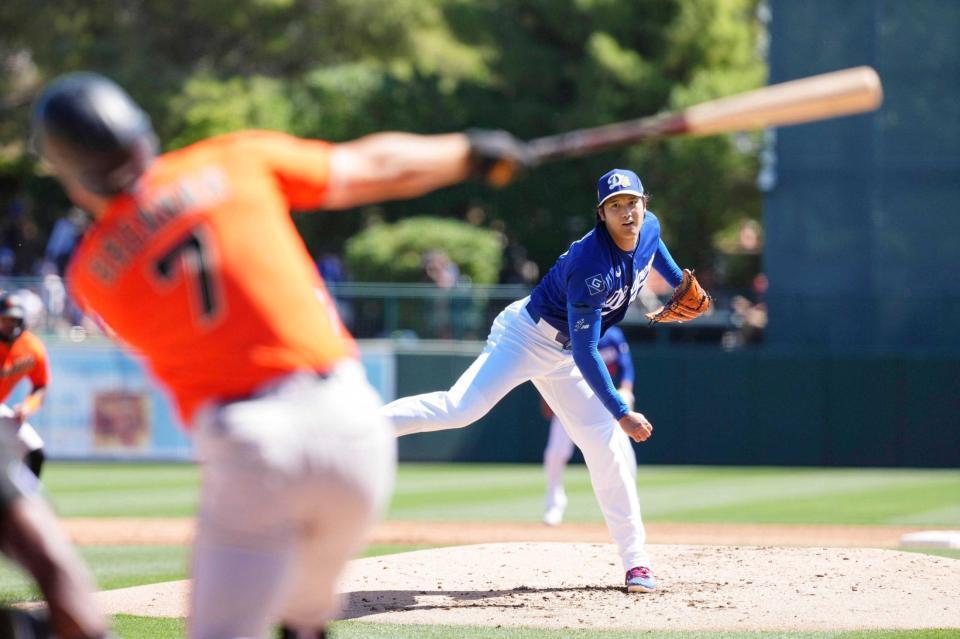 　ジャイアンツ戦に先発登板した大谷（共同）