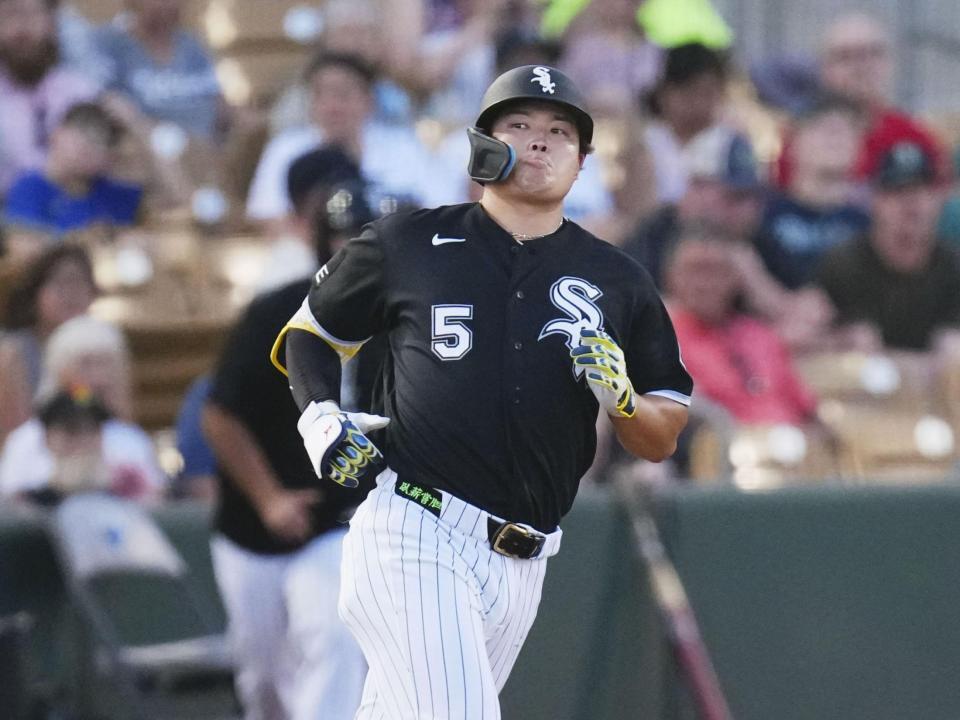 　マリナーズ戦の２回、中飛に倒れたホワイトソックス・村上（共同）