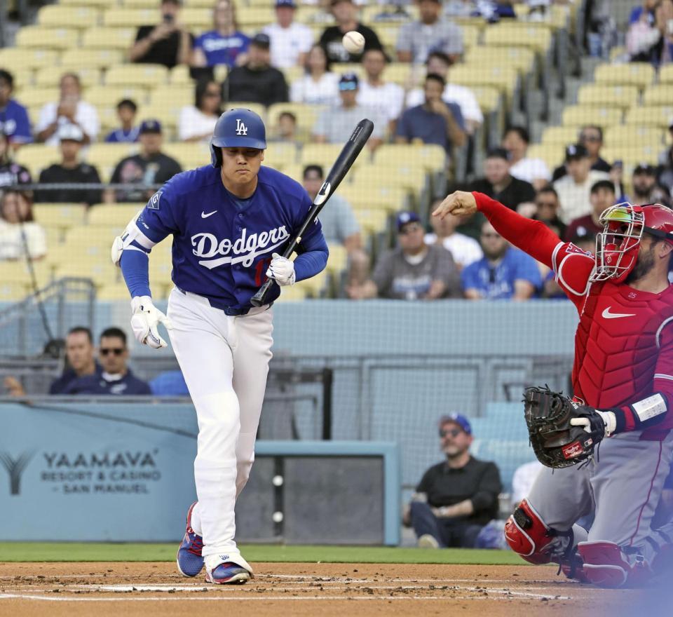 　エンゼルス戦の１回、見逃し三振に倒れたドジャース・大谷＝ロサンゼルス（共同）
