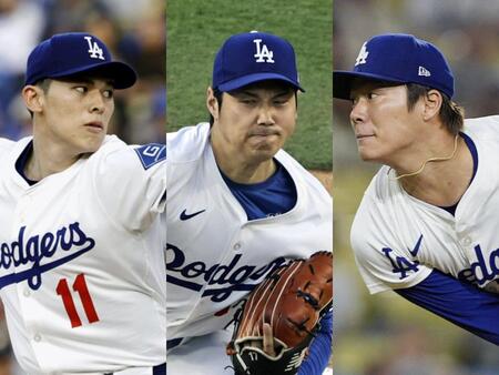 （左から）ドジャース・佐々木朗希、大谷翔平、山本由伸（提供・共同通信社）