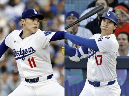 ドジャース・佐々木朗希（左）と大谷翔平（提供・共同通信社）