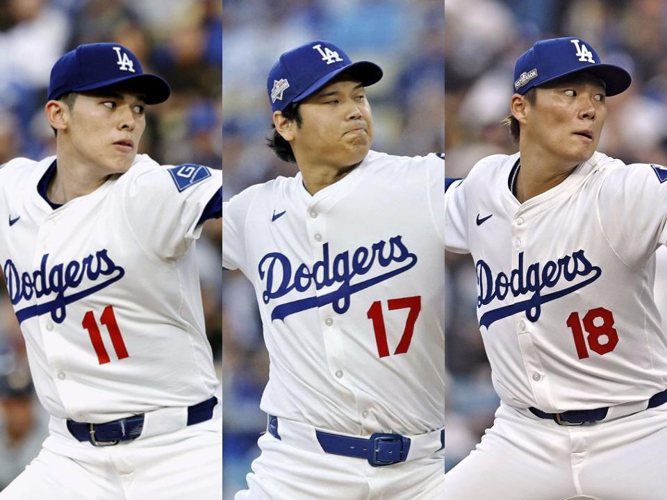 （左から）ドジャース・佐々木朗希、大谷翔平、山本由伸