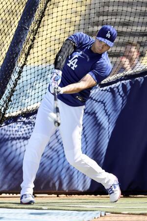 試合前に打撃練習する大谷（共同）