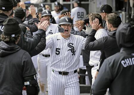 　ブルージェイズ戦の６回、日米通算２５０本塁打となる４号２ランを放ち、ベンチで迎えられるホワイトソックス・村上＝シカゴ（共同）