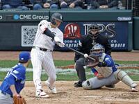 　ブルージェイズ戦の６回、日米通算２５０本塁打となる４号２ランを放つホワイトソックス・村上＝シカゴ（共同）