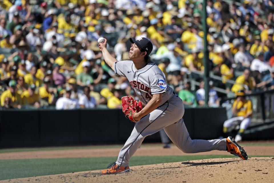 　アスレチックス戦に先発し、５回２／３を３安打無失点でメジャー初勝利を挙げたアストロズ・今井＝サクラメント（共同）