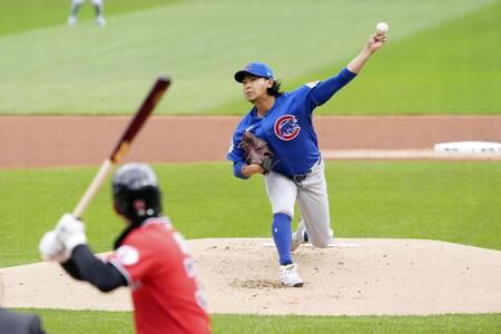 　ガーディアンズとのダブルヘッダー第２試合に先発したカブス・今永。５回０／３を３安打１失点で勝敗は付かなかった＝クリーブランド（共同）