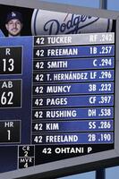 メッツ戦で電光掲示板に表示されたドジャースの先発メンバー。大谷は打者としては先発から外れた（共同）