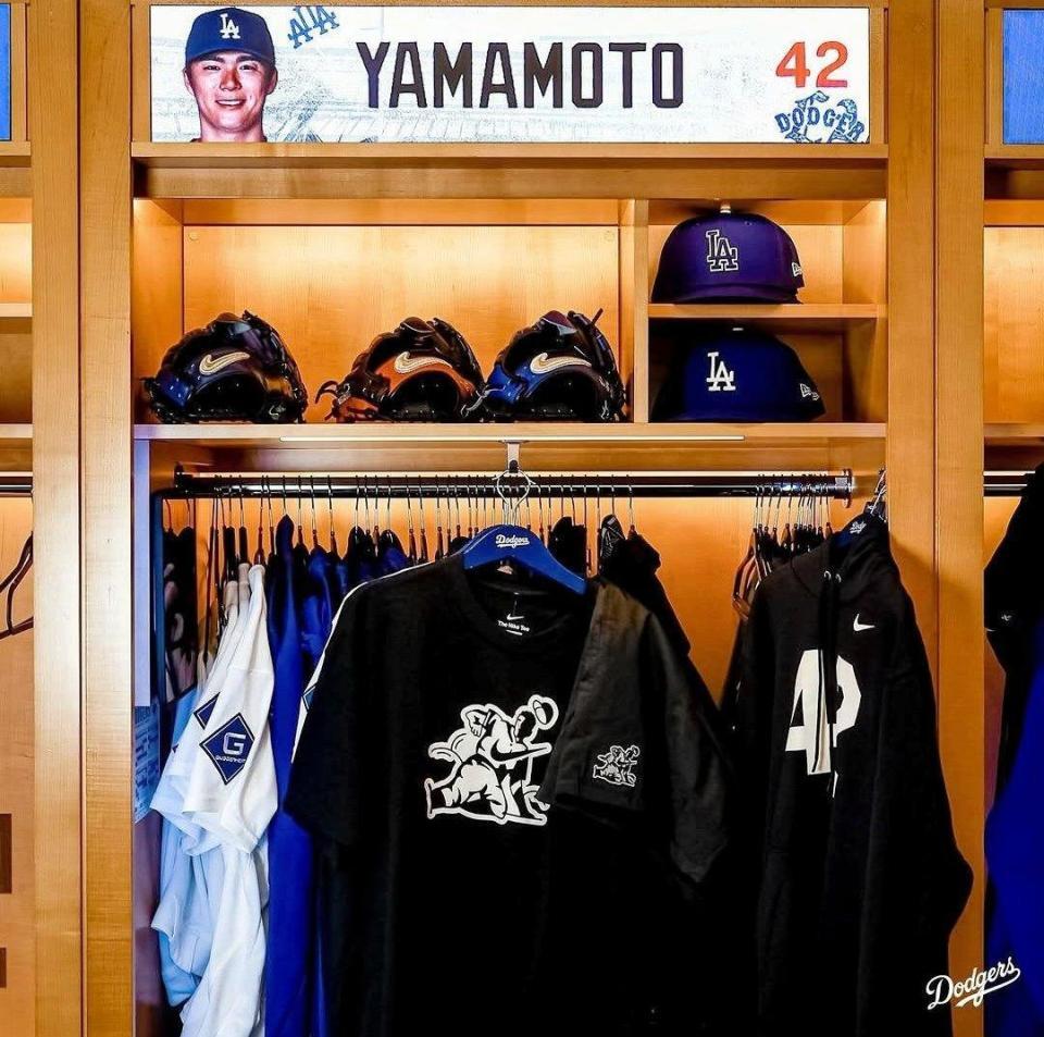 　公開された山本のロッカー（ロサンゼルス・ドジャース提供）