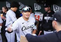 　試合前にベンチでタッチを交わすホワイトソックス・村上＝サクラメント（共同）