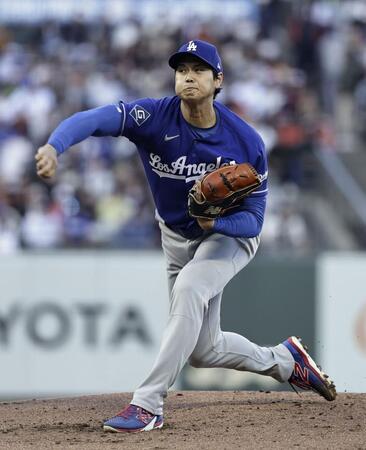 　ジャイアンツ戦に先発登板したドジャース・大谷（提供・共同通信社）