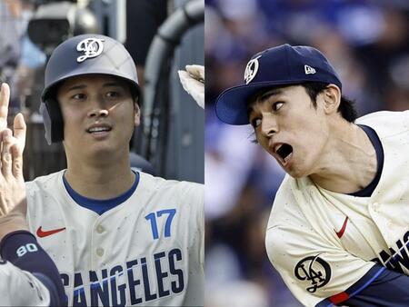 ３打席連続出塁の大谷（左）と初勝利を挙げた佐々木（提供・共同通信社）